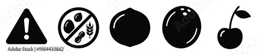 Essential black and white food allergy warning and healthy fruit icons for product packaging, restaurant menus, and dietary information graphics, ensuring consumer awareness