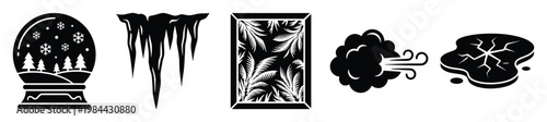 A collection of diverse weather and environmental symbols including a snow globe, icicles, tropical leaves, blowing wind, and cracked earth for seasonal graphics and atmospheric indicators