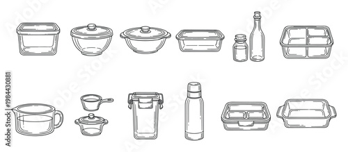 Minimalist outline illustrations of essential kitchen containers and cooking utensils for meal planning food preservation and home kitchen organization applications.