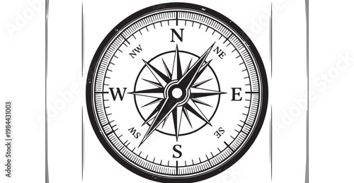 A black and white image of a compass