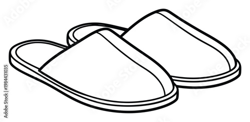 Simple black outline drawing of two comfortable house slippers representing home relaxation and comfort, useful for domestic themes and leisure graphics.