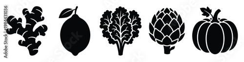 Assorted black silhouette icons of healthy fresh produce including ginger, lemon, kale, artichoke, and pumpkin perfect for culinary and agricultural graphic projects
