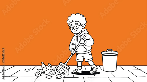 Little Boy Sweeping Trash and Leaves with Broom Vector Illustration -