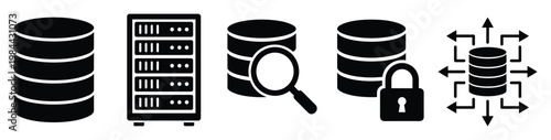 Data storage server and database icons representing information technology solutions, useful for web design, presentations, and digital projects