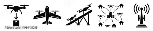 Drone technology icons depicting automated package delivery, aerial vehicles, charging platforms, smart urban networks, and communication infrastructure for future logistics and services