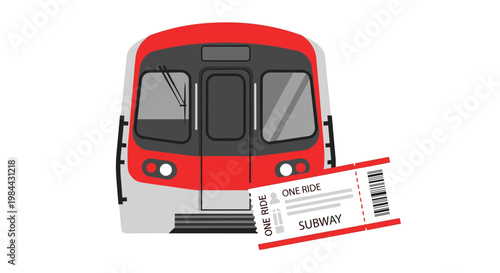 Subway train and ticket in flat design with red accents  