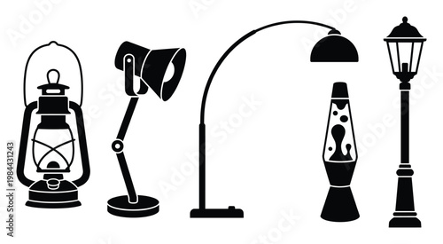 Assortment of diverse lighting fixtures and luminous appliances such as street lamps, desk lamps, floor lamps, lava lamps, and classic lanterns suitable for graphic projects and design