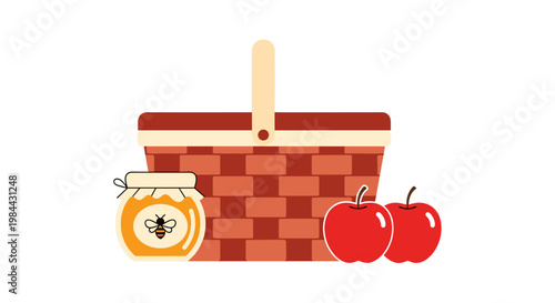 Picnic basket with honey jar and red apples in flat design  