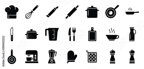 Comprehensive collection of essential kitchen utensils and cooking equipment icons perfect for culinary presentations, restaurant branding, and foodrelated graphic design projects
