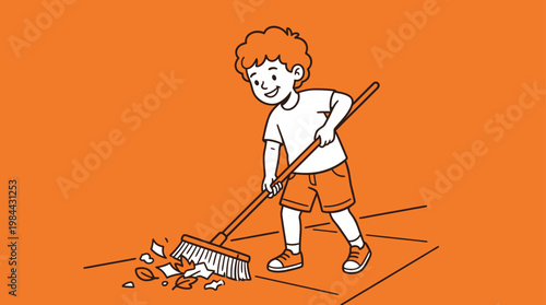 Little Boy Sweeping Trash and Leaves with Broom Illustration Cartoon K