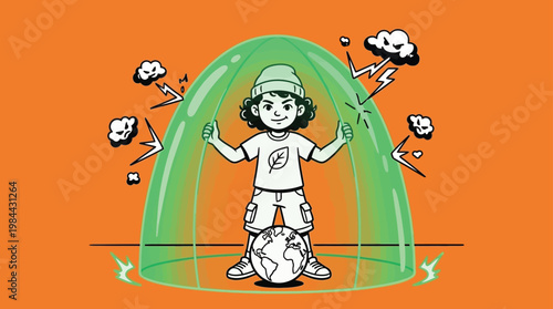Eco-Friendly Boy Protecting Planet Earth with Energy Shield from Storm