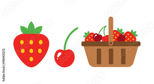 Fresh strawberries and cherries in a basket illustration  