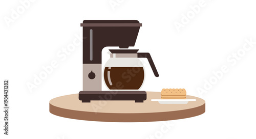 Coffee maker with brewed coffee and biscuit on wooden table  