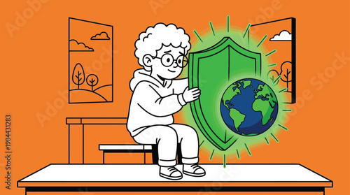 Boy Protecting Planet Earth with Glowing Green Shield Illustration Env