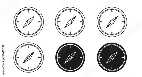 Versatile vector illustration set of classic compass icons, symbolizing accurate direction, navigation, and exploration for diverse design projects and travel-related concepts