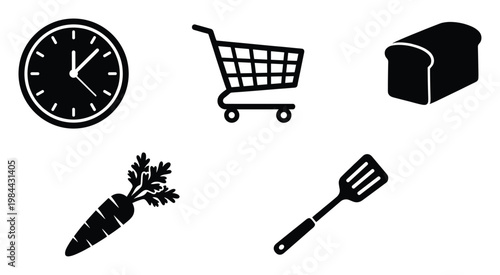 Essential black icons clock, shopping cart, bread, carrot, spatula, ideal for illustrating domestic life, cooking, and shopping experiences across various digital and print applications