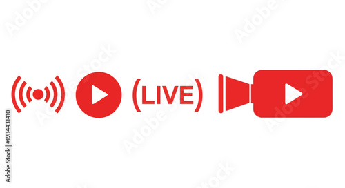 Set of Live Streaming Icons Wi-Fi Signal, Play Button, Live Text, and Camera Symbol for Broadcasting