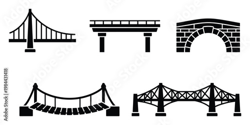 Diverse set of bridge structure icons showcasing different architectural engineering designs suitable for infrastructure development projects or travel navigation interface graphics