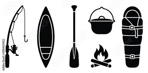Outdoor adventure equipment silhouettes featuring a fishing rod, canoe, paddle, cooking pot, campfire, and sleeping bag perfect for website graphics and nature themed brochures
