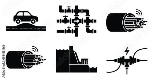 Essential infrastructure and utility icons illustrating critical systems like road transport, water, communication, power generation, and electrical grids for diagrams and graphics.