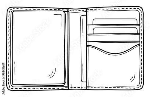 Hand drawn open wallet sketch with multiple card slots and currency compartments perfect for finance budgeting personal spending and shopping concepts