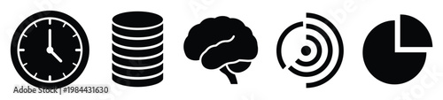 Versatile digital icons representing time, data storage, artificial intelligence, network communication, and statistical analysis for business insights and strategic planning graphics