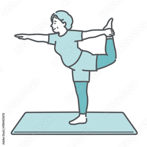 笑顔でヨガの「踊り子のポーズ」に挑戦するぽっちゃりシニア女性のイラスト