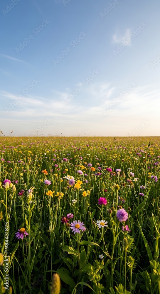 Obraz premium Vibrant wildflower meadow under a clear blue sky with wispy clouds at sunset, showcasing a diverse array of colorful blooms in full summer splendor.