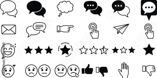 Communication icons set speech bubbles stars and emoji silhouette isolated on transparent background