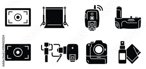 Modern photography equipment and accessory icons representing essential gear for capturing images professionally and for creative visual projects and graphic assets