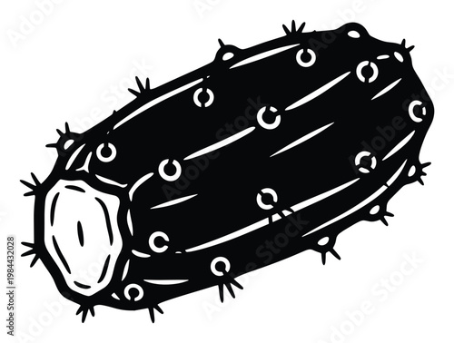 Monochromatic graphic illustration of a spiky desert cactus pad featuring circular areoles and sharp thorns, ideal for botanical themed designs or natural product branding.