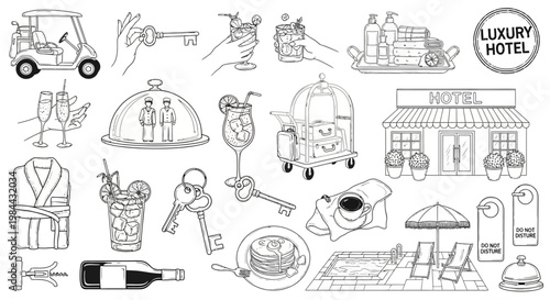 Collection of luxury hotel amenities and services illustrated in a whimsical hand-drawn style, perfect for travel and hospitality themes