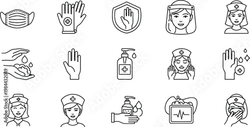 Coronavirus protection line icons masks hands shields and healthcare workers silhouette isolated on transparent background