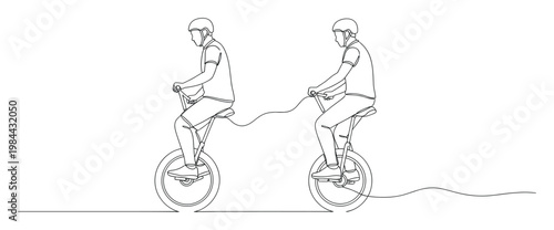 One continuous line drawing depicting two men wearing safety helmets and actively riding unicycles, symbolizing dynamic movement and skillful control for sports graphics and active
