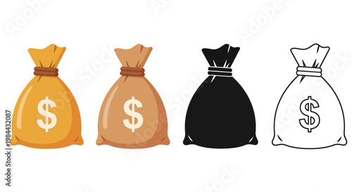 Versatile collection of money bag illustrations in diverse styles, depicting financial growth, currency, and prosperity, ideal for conveying concepts of investment, savings, and economic value