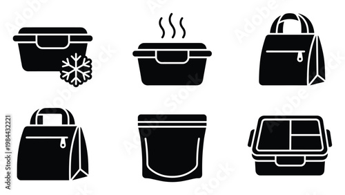 Versatile food container and lunch bag icon set for meal preparation and storage solutions in modern kitchen and dining applications