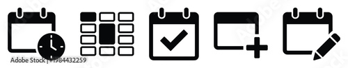 Versatile black and white calendar icons set for effective time management, appointment scheduling, event planning, and task organization applications.