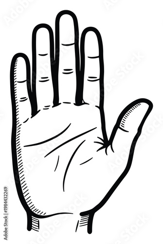 Simple black and white line drawing depicting an open human hand with five fingers extended, perfect for communicating messages of stop, greeting, welcome, or participation in various