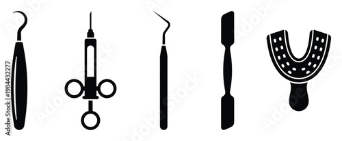Essential dental instruments set depicting a probe, syringe, spatula, and impression tray, valuable for healthcare graphics, dental clinic branding, and educational content about oral