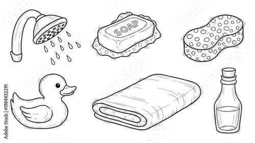 Collection of hand drawn bath and hygiene items including shower head soap sponge rubber duck towel and bottle perfect for personal care educational materials and health related promotions