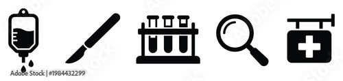 Medical healthcare symbols for hospital clinic services diagnostics research and treatment icons useful for pharmaceutical web graphics or app UI