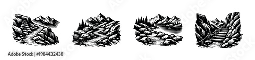 Black and white mountain landscape illustrations with rocky paths and streams vector