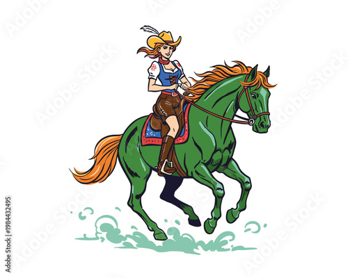 Retro cowgirl riding a horse. Western vintage artwork for t shirt. Rodeo graphic print design. Country girl illustration. Wild west apparel.. Western