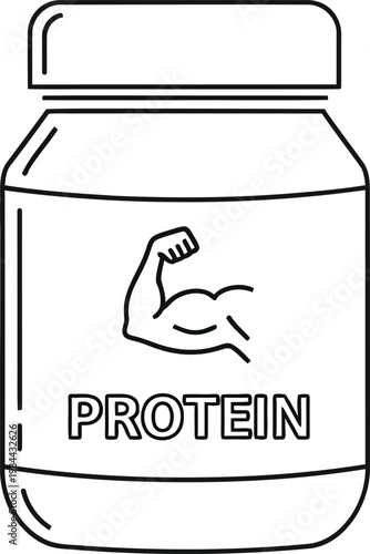 Protein supplement jar with muscle arm graphic line art strength bodybuilding
