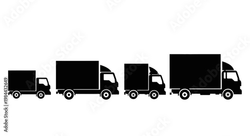 A diverse collection of black silhouette delivery trucks in various sizes, ideal for depicting modern logistics, efficient shipping services, and versatile commercial transportation solutions