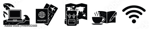 Essential travel and digital nomad glyph icons presenting a laptop, passport, backpack, coffee, book, and WiFi, perfect for remote work, global adventure, and leisure activity concepts