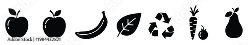 A versatile collection of black silhouette icons featuring fresh apples, a ripe banana, a natural leaf, an environmental recycling symbol, a wholesome carrot, a small tomato, and a sweet