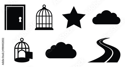 Versatile black silhouette icons of door, birdcages, star, clouds, and winding road, ideal for symbolizing freedom, choice, aspiration, opportunity, and lifes path in educational and