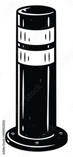 Heavy duty cylindrical bollard with reflective stripes provides traffic control and pedestrian safety barrier for urban street parking or construction zone applications