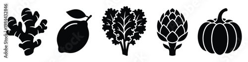 Assorted black food icon set showcasing various healthy vegetables and fruits including ginger, lemon, leafy greens, artichoke, and pumpkin, useful for culinary and healthy lifestyle